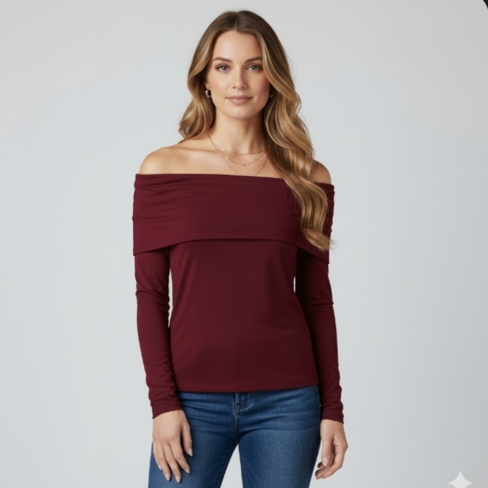 Worthington Burgundy Draped Off Shoulder Cowl Neck Long Sleeve Boho Casual Shirt